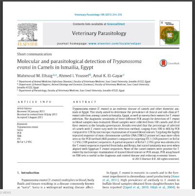 Molecular and parasitological detection of Trypanosoma evansi in Camels in Ismailia, Egypt